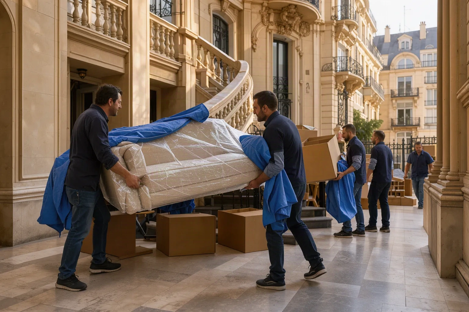 Déménageurs transportant un canapé protégé