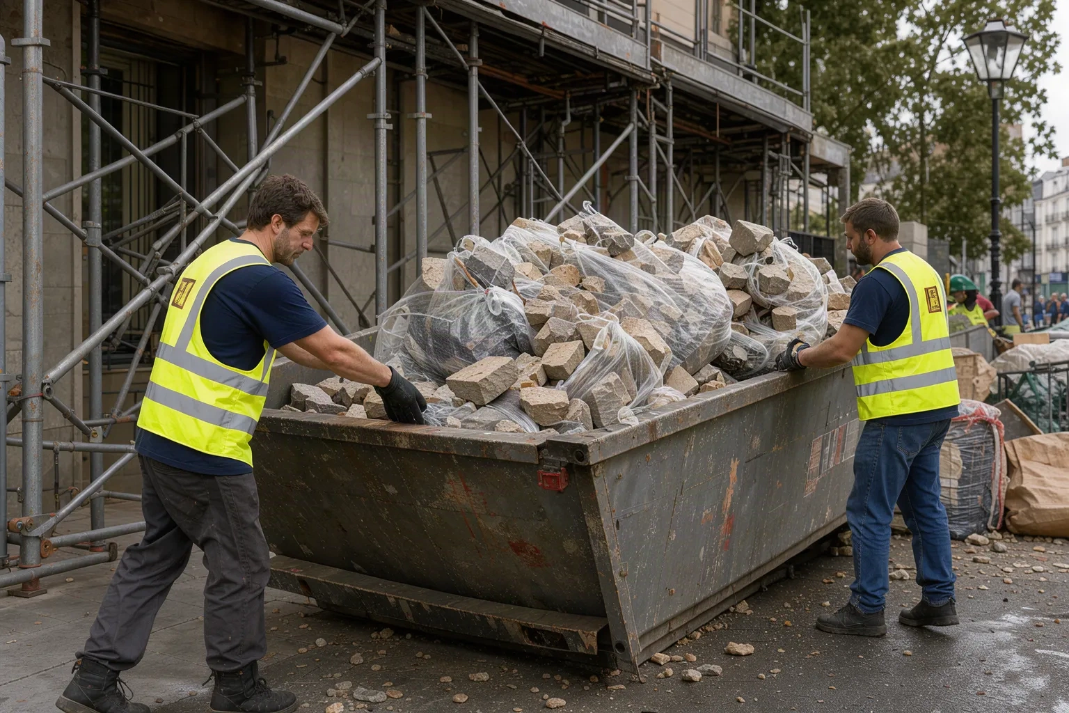 Chargement de gravats dans une benne